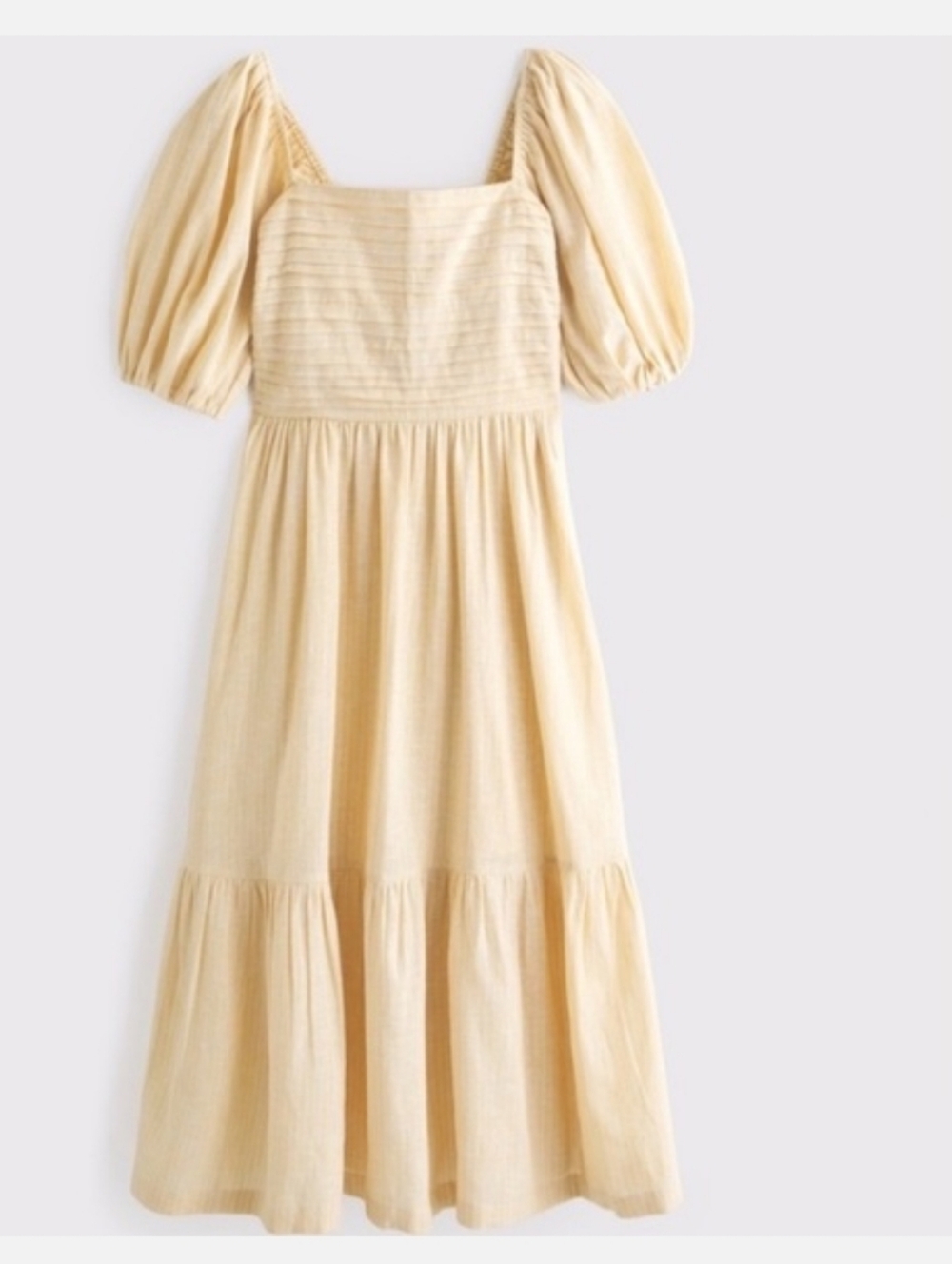 Abercrombie & Fitch Emerson Linen Blend  Pale Yellow Puff-Sleeve Midi Dress